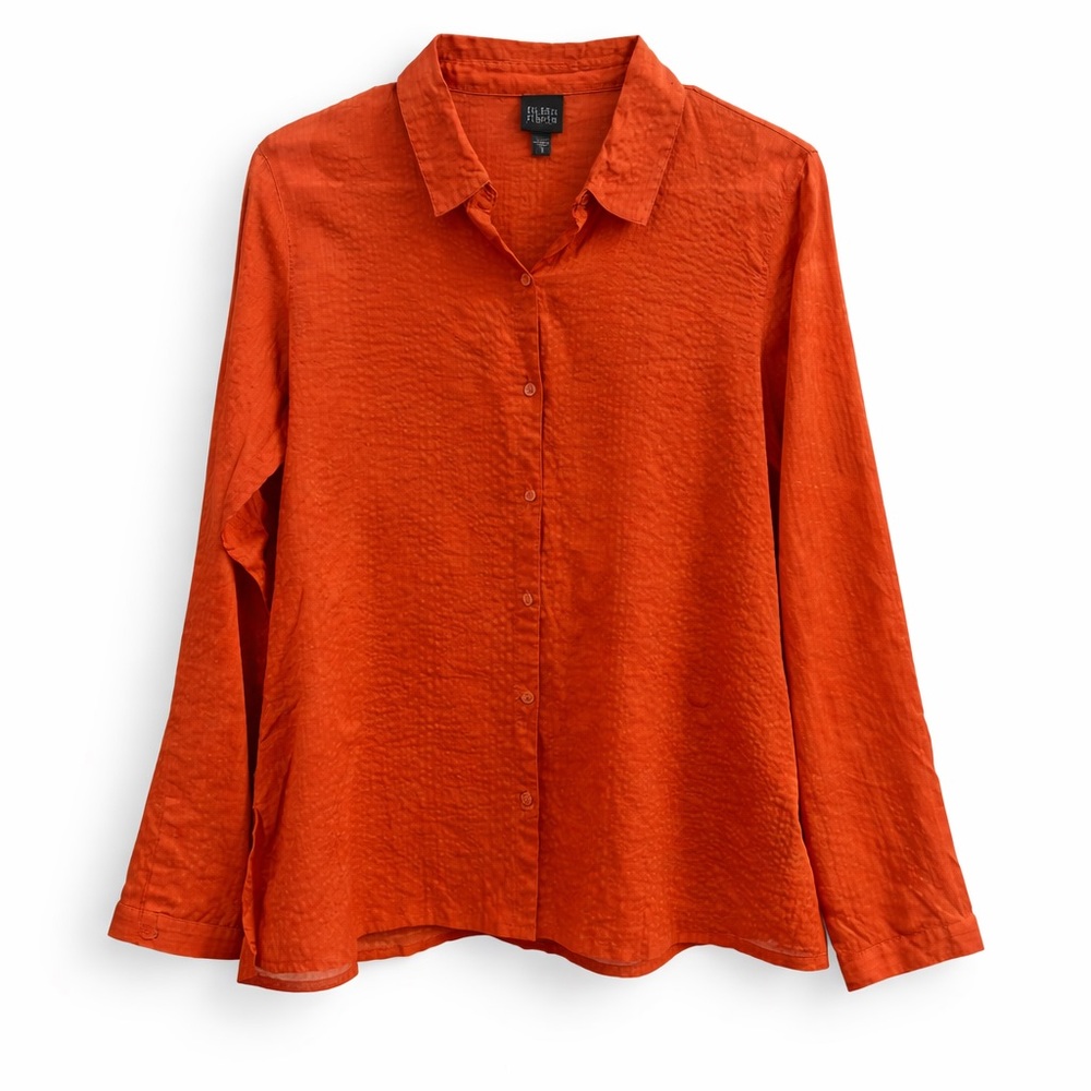 Eileen Fisher Crosshatch Voile Button Down Shirt Orange Size Small Cotton Ramie